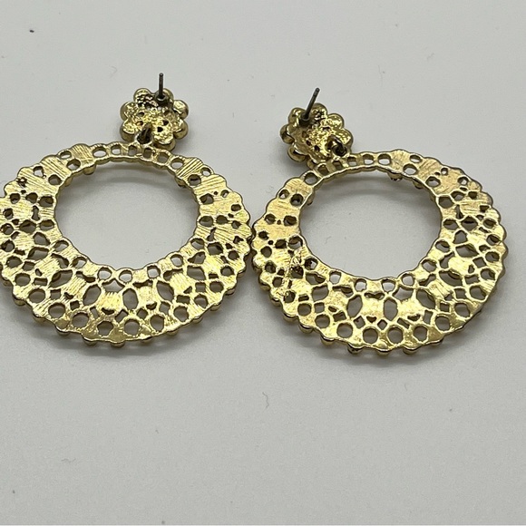 Gold Tone Rhinestones Dangle Drop Filigree Openwork Circle Hoop Fashion Earrings - Picture 3 of 8